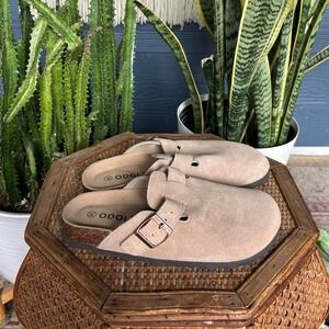 Tan suede Odoly clogs with buckle detail size 6
